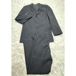 Vintage 90's HUGO BOSS 2 Piece Suit Men 40 R Gray Blue Chalk Striped Pants 30x31